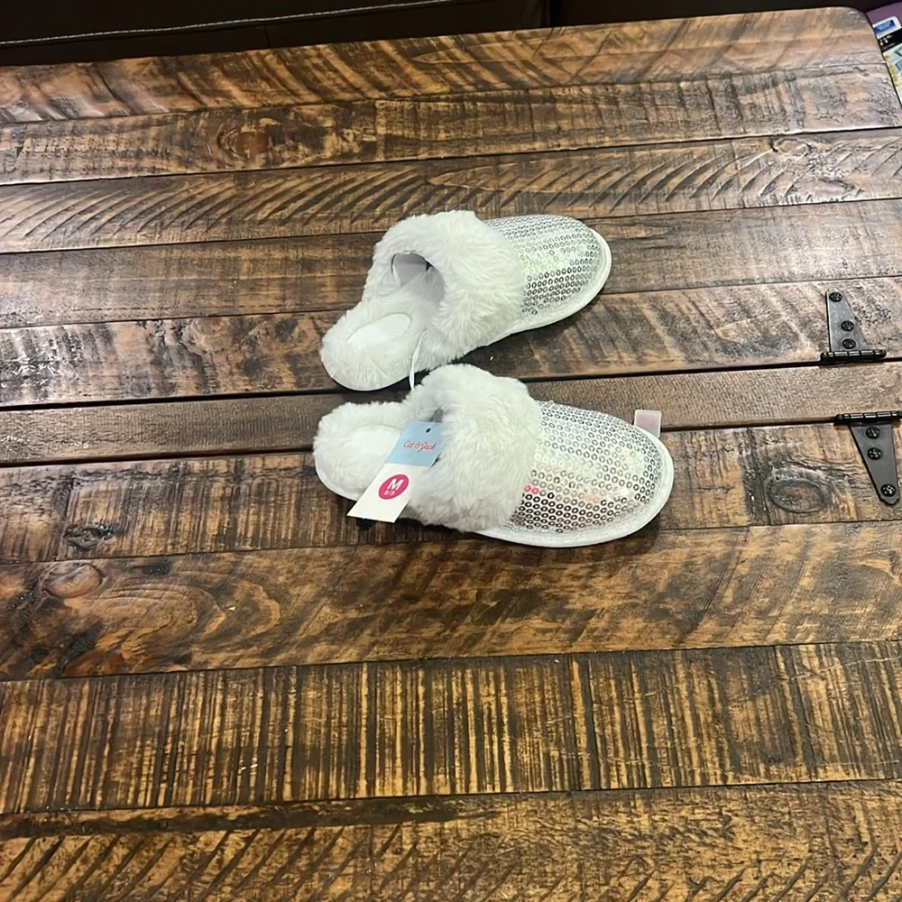 Silver Sequin Fur Slippers kids medium 2/3